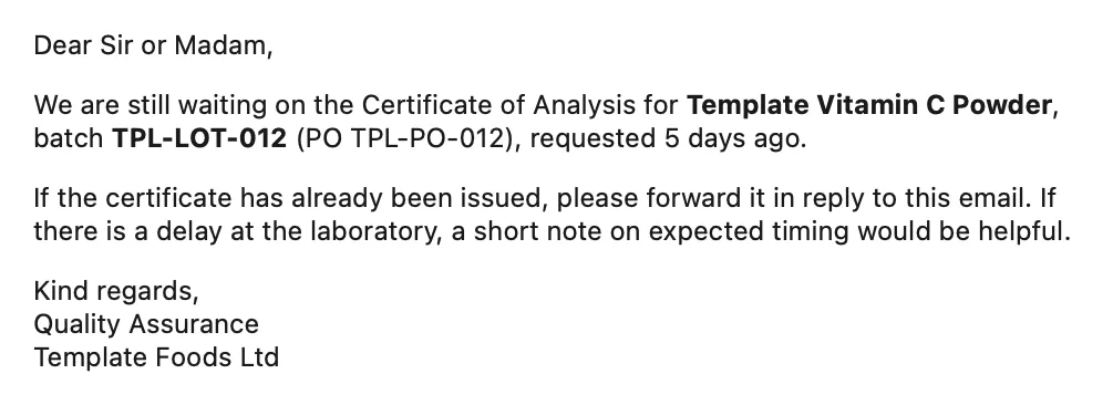 A supplier follow-up email chasing the certificate of analysis for batch TPL-LOT-012.